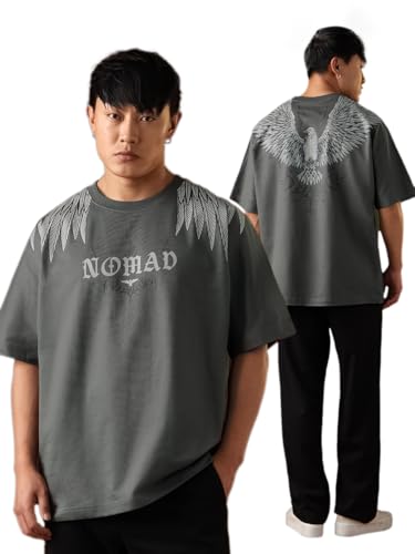 The Souled Store Nomad: Wings Men and Boys Short Sleeves Round Neck Grey Printed Casual Drop Shoulder Streetwear Trendy Super Oversized T-Shirt