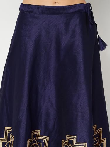 studio rasa Women's Dupion Hand Block Printed Bias Skirt for Wedding Festive Party (SKTC52408_Navy_Small)