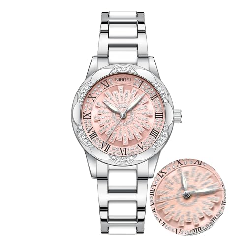 NIBOSI Watch for Woman Analog Quartz Rose Gold Stainless Steel Band Luxury Ladies Watch Stylish Diamond Rotating Pink Dial Wrist Watches Waterproof (Silver Pink)