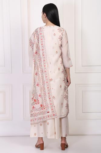 W for Woman Off-White Floral Print Lace Straight Kurta with Inner Flared Pant and Dupatta Set (WS13083-126482-L)
