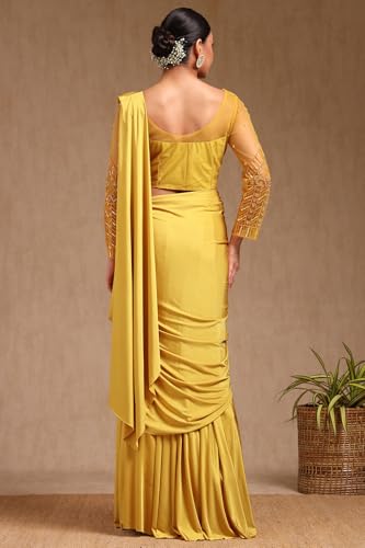 Soch Womens Yellow Nylon Blend Solid Ready To Wear Saree With Beads And Stones