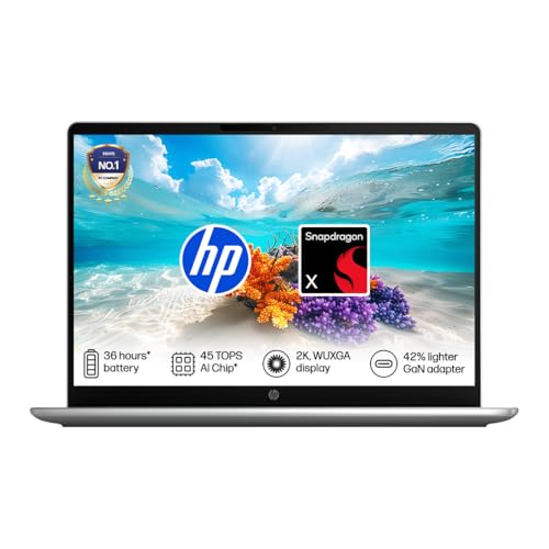HP Omnibook 3, Snapdragon X Processor 45 Tops (8GB LPDDR5x,512GB SSD) 2K WUXGA, 14''/35.6cm, Win 11, M365*Office 24,Silver,1.42kg, hz0056QU, Lighter mini Charger, FHD IR Camera, Next Gen AI Laptop