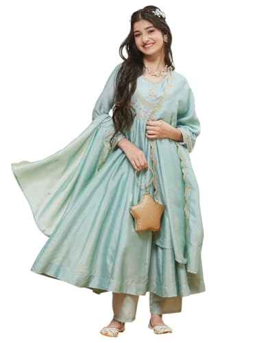 CURLY TALES ALPHA Girls Embroidered Anarkali Kurta Set with Dupatta | Ethnic Wear Sky Blue