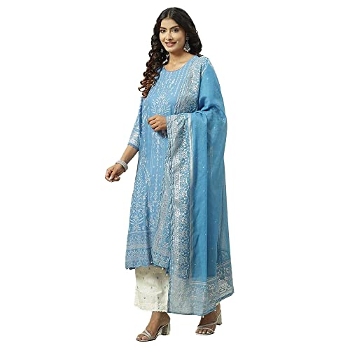 Biba Rayon Women's Ethnic Blue Kurta Suit Set (Size_S), small