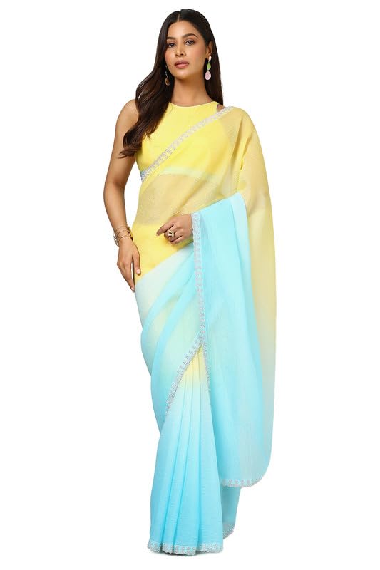 Soch Womens Yellow Tissue Ombre Saree With Stone Work