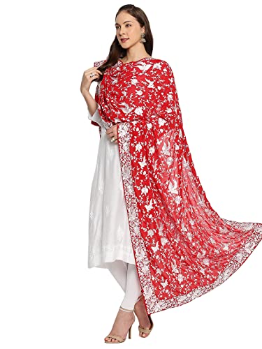 DUPATTA BAZAAR Women's Red Embroidered Parsi Gara Georgette White Thread Work Dupatta, free size