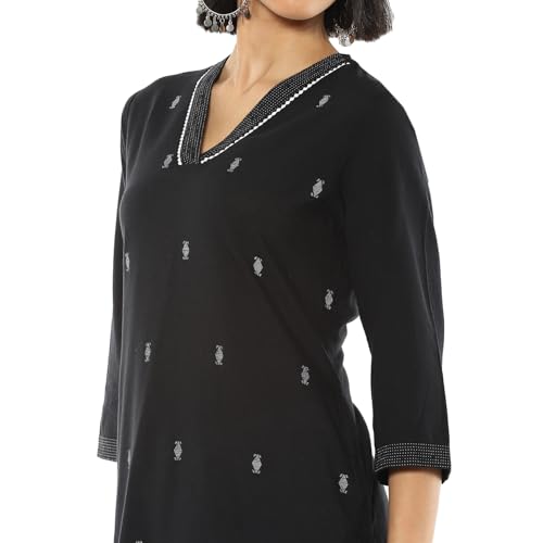 Rangriti Women's Black Cotton Jacquard Yarndyed Straight Kurta_38