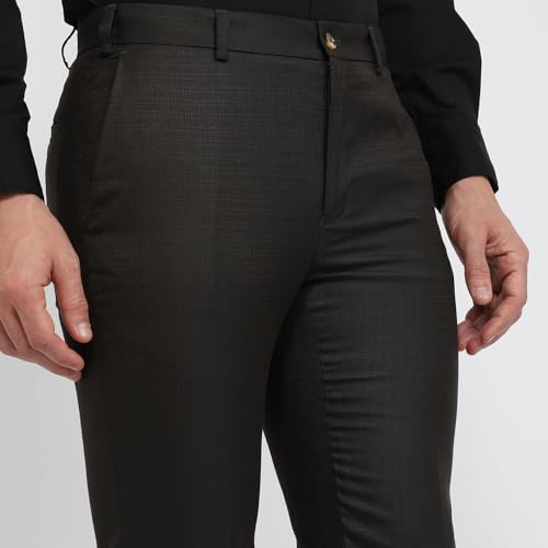 Raymond Men Slim Fit Structure Pattern Polyester Viscose Blend Flat Front Formal Trouser Brown