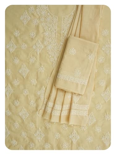 Ada Hand Embroidered Lucknowi Chikankari Unstitched Cotton Dress Material Suit Piece with Dupatta for Women 01A765261 Fawn