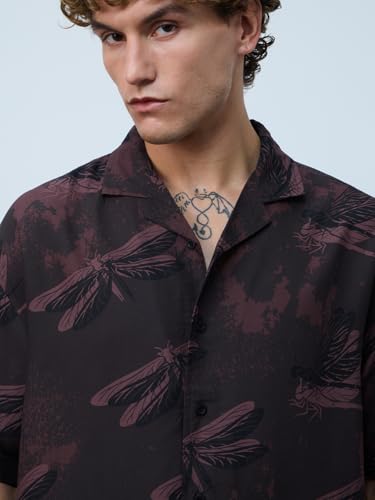 The Souled Store Oversized Shirt: Dragonfly Men and Boys Short Sleeves Cuban Collar Printed Viscose Relaxed Fit Casual Shirts |Dark Brown, S