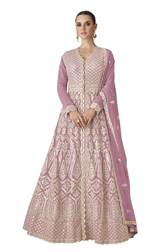 RUDRAPRAYAG Georgette Embroidery Flared Floor Length Anarkali Ethnic Gowns for Women (Semi Stitched) Lavender, Free Size