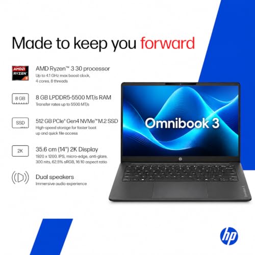 HP OmniBook 3 14 inch Laptop PC, FHD Display, 300 NIts, AMD Ryzen 3 30, 8 GB DDDR5 RAM, 512 GB Gen4 NVMe SSD, AMD Radeon 610M Graphics, Win11, M365* Office24, Iron Gray, 14-hy0030AU