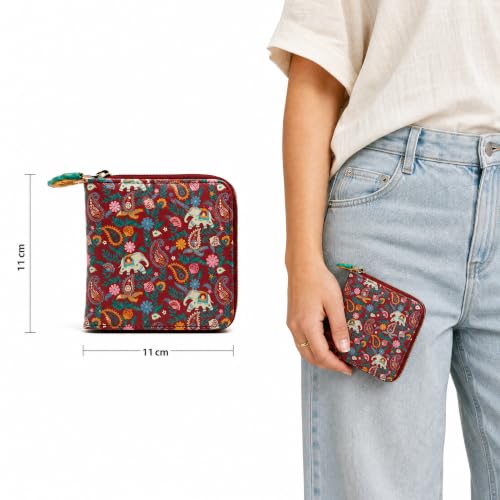 Chumbak Women’s Wallet – Paisley Blossoms Collection, Vegan Leather Square Wallet with Coin Pouch, Zipper Closure & Card Slots – Maroon Stylish Purse