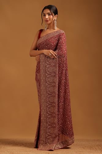 Soch Womens Maroon Georgette Botanical Saree With Stone Work