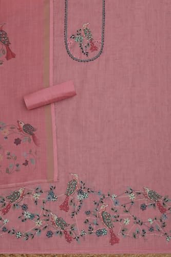Soch Womens Blush Pink Linen Shimmer Bird Motif Unstitched Dress Material With Thread Work
