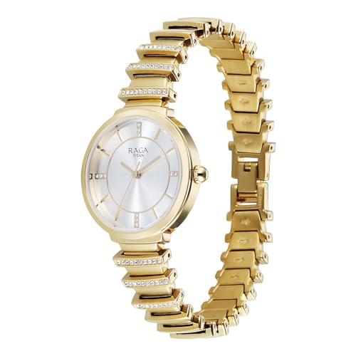 Titan Raga Spotlight with Quartz Analog Silver Dial Gold Brass Strap Watch for Women - 95431YM01