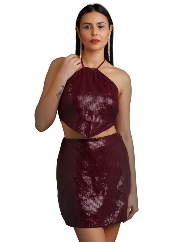 Zink Z Women's Maroon Embellished Fitted Co-Ord Set