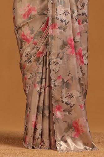Soch Womens Beige Satin Floral Saree With Swarovski Stone