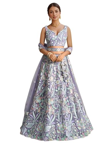 Zeel Clothing Women's Sequins Embroidered Work Soft Net Lehenga Choli With Dupatta (6020-Women-Lehenga-Choli-Latest; Free size) (White) (Purple)