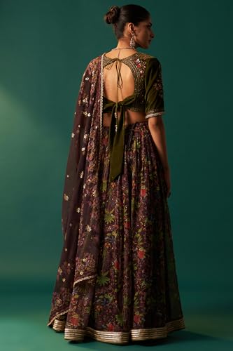 Wishful Women's Green Embroidered Velvet Blouse with Floral Printed Skirt and Dupatta Set (SP12875-223812-XL)