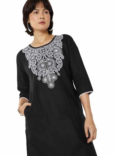 Max Women Chikankari Yoke Embroidered Straight Kurta (Black_L)