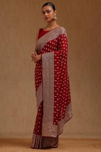 Soch Womens Fuchsia Georgette Embroidered Saree With Zari