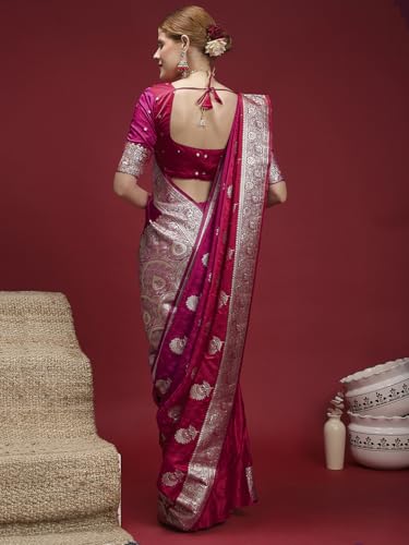 AKHILAM Women's Pink Satin Silk Floral Printed Saree With Unstitched Blouse Piece (RNGREET306_HS)