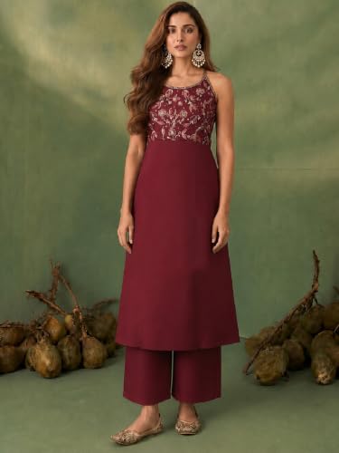 Varanga womens Maroon Halter-Neck Embroidered Anarkali Set