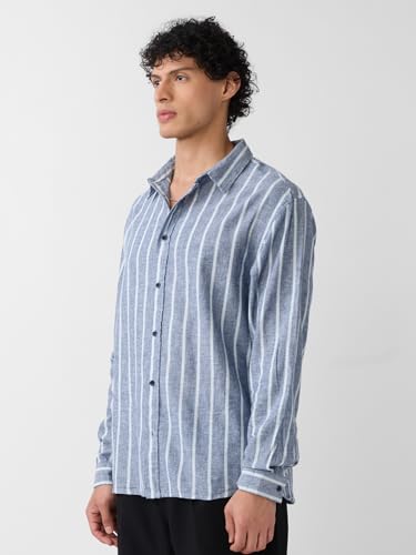 The Souled Store Cotton Linen Stripes: Nautical Men and Boys Long Sleeves Collared Neck Button Front Grey Striped Regular Fit Lightweight Summer Cotton Linen Shirts
