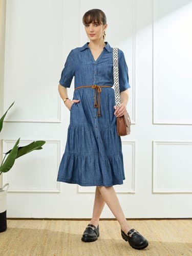 Latin Quarters Women's Blue Half Sleeves Collar Neck Casual Solid Dress_L