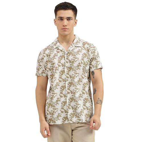 UNITED COLORS OF BENETTON Regular Fit Spread Collar Botanical Print Shirts (Size: 2XL)-24P5BS71U008I902 Light Green