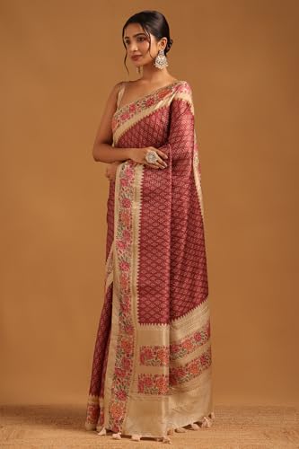 Soch Womens Deep Red Tussar Floral Saree With Zari Work