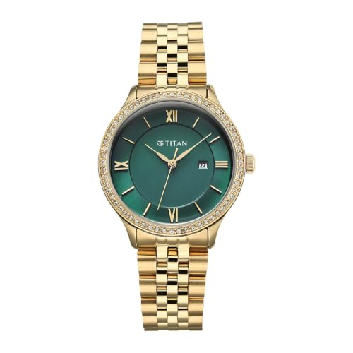 Titan Purple Prestige Quartz 3 Hands + Date Round Green Dial, Gold Stainless Steel Strap Watch for Women - 95247YM01