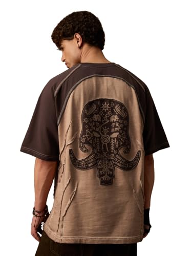 The Souled Store Nomad: Primal Men and Boys Short Sleeves Round Neck Brown Colour-Block Tribal Applique Patch Casual Drop Shoulder Streetwear Cotton Oversized T-Shirt