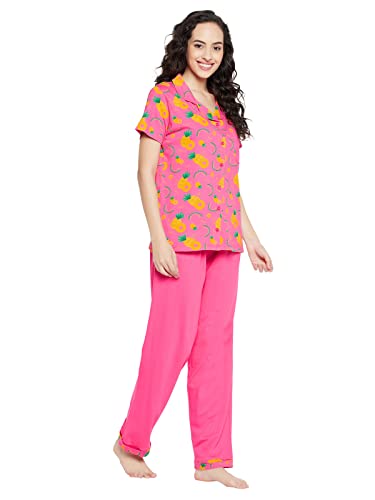 Clovia Women's Cotton Printed Button Me Up Shirt & Pyjama Set (LS0025D14_Pink_M)