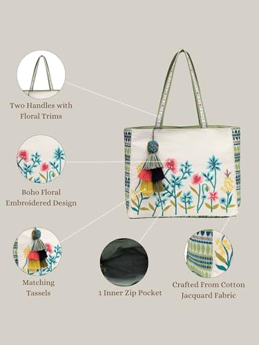 Anekaant Kooky Floral Embroidered Tote Bag for Women| Large Off White Jacquard Shoulder Bag | Perfect for College, Office & Everyday Use