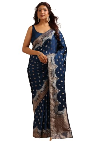 Soch Womens Navy Blue Satin Zari Woven Saree