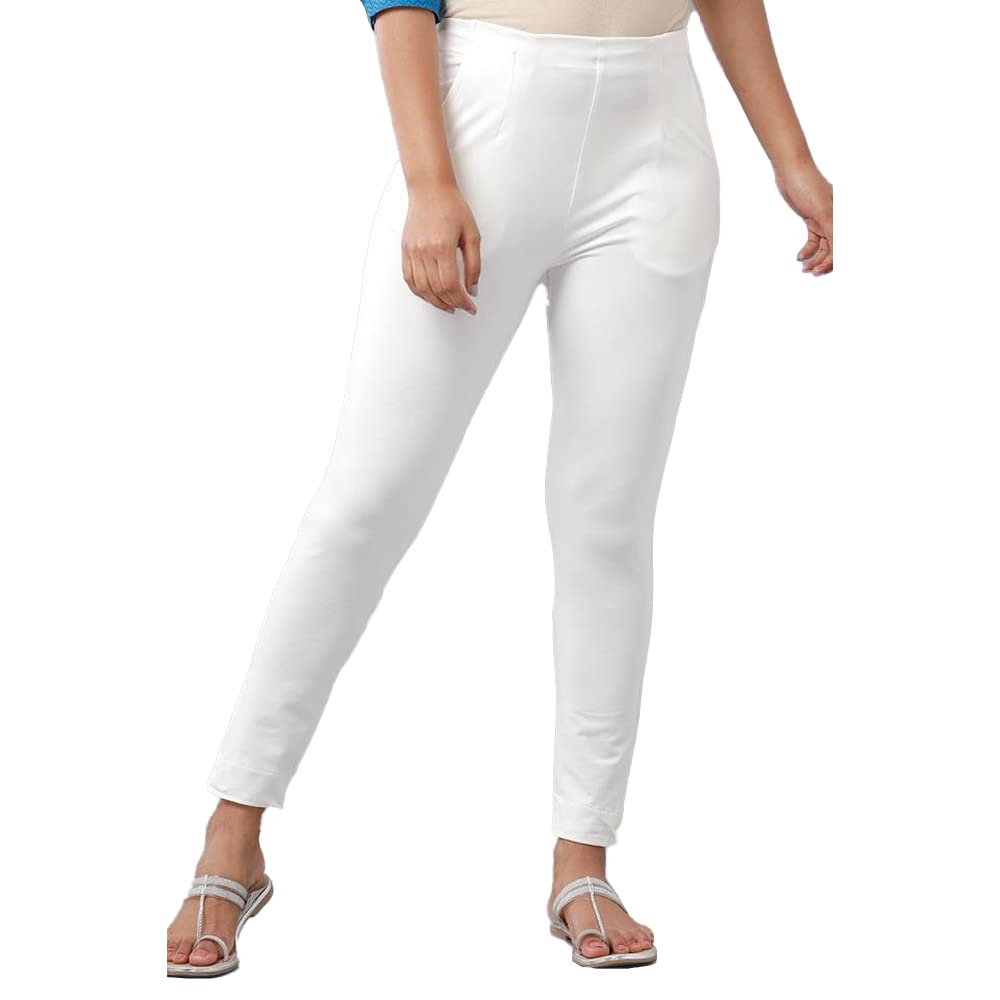 De Moza Womens Cotton Solid Cigarette Pant Offwhite