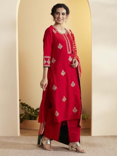 BIBA Poly Viscose Solid Straight Festive Kurta With Palazzo And Dupatta