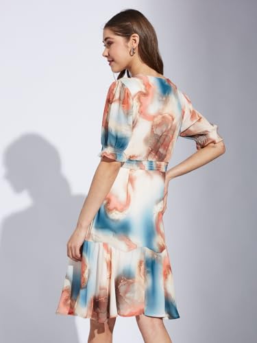 Latin Quarters Women Orange V-Neck Half Sleeve Printed A-Line Dress_M