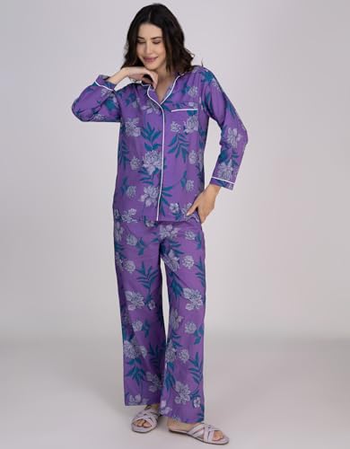 Moomaya Women's Cotton Printed Nightwear Set - Notch Lapel Shirt & Pajama Lounge Suit