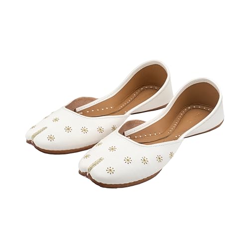 KORAKARI Women's Genuine Leather Traditional Ethnic Vanilla Handmade Punjabi Jutti, Leather Flat Comfortable Mojaris for Girls (Size: UK6, White)