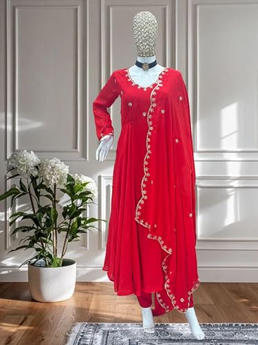 Traditional Red Anarkali Dress with Embroidered Details, Elegant Traditional Style (in, Alpha, XL)