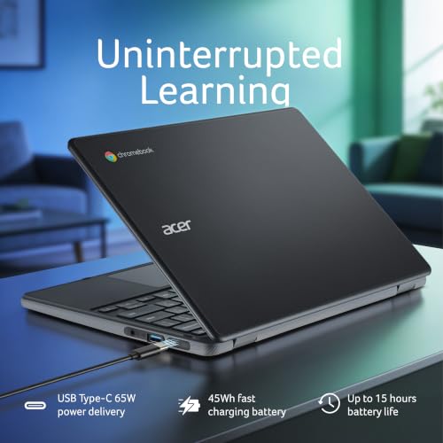 Acer Chromebook, MediaTek Kompanio 540 Octa-Core Processor, 4GB RAM, 64GB eMMC, Full HD, 11.6"/27.94cm Display, Chrome OS, Black, 1.2 KG, C725, Arm Mali G57 Graphics, WiFi 6E Laptop