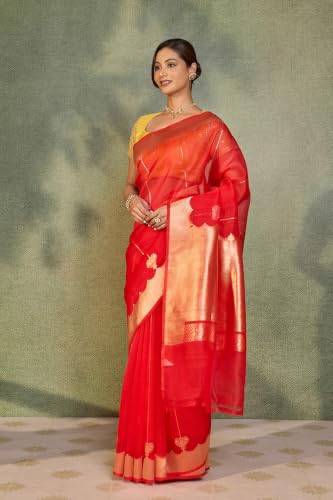 Taneira Red Pure Silk Organza Kadwa Banarasi SareeWith Unstitched Blouse(SAIH02AD6178-Red)