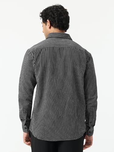 The Souled Store Cotton Linen Stripes: Greyscale Men and Boys Long Sleeve Spread Collar Black and White Striped Cotton Linen Lightweight Easy to Style Everyday Office Wear Casual Relaxed Shirt