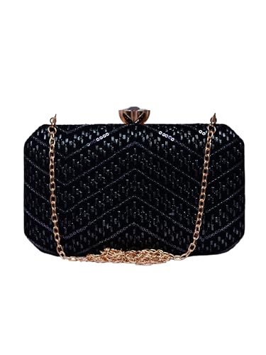 Artklim Black Based Sequins Embroidery Fabric Clutch Bag For Women With Detachable Chain