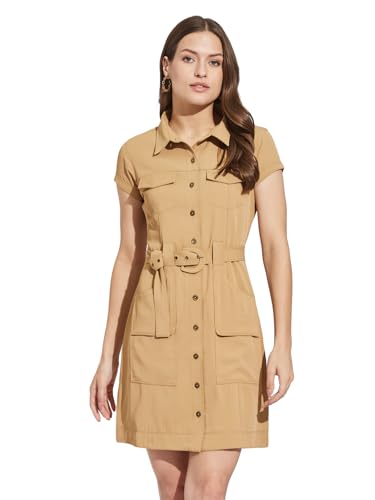 Latin Quarters Women Beige Collar Neck Cap Sleeves Solid Above Knee Shirt Dress for Casual Wear_S