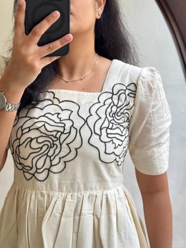 Kalanagri Floral Hand Block Print Cotton Midi Dress with Square Neck & Puff Sleeves Casual Fit & Flare Dress (Off White - XXL)