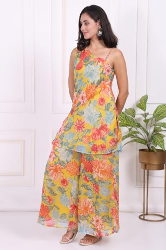 W for Woman Yellow Floral Printed Flared Kurta and Flared Pants Set - (WS13678-126973-S)